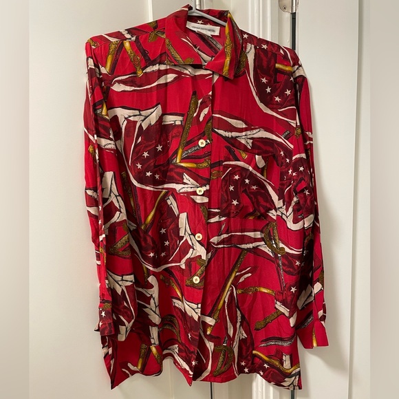 Jones New York Red Silk Blouse with White and Brown Prints - Picture 2 of 5